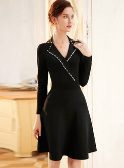 Black Long Sleeve Beading Sweater Dress