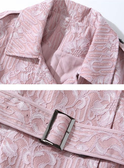 Pink Lace Print Bodycon Peplum Coat Dress