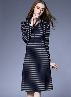Striped Color-blocked Waist Hooded A Line Dress