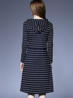 Striped Color-blocked Waist Hooded A Line Dress