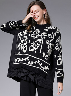 Crew Neck Patchwork Color-blocked Loose Sweater