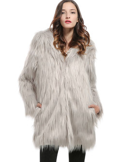Solid Color Hooded Loose Faux Fur Coat
