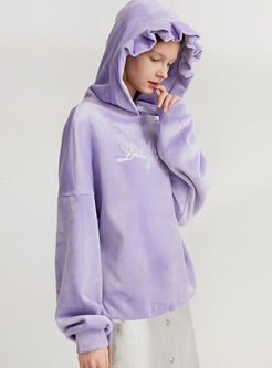 Purple Letter Embroidered Loose Hoodie