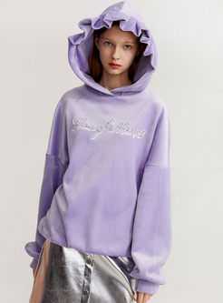 Purple Letter Embroidered Loose Hoodie