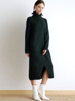 Solid Color Turtleneck Slit Sweater Dress
