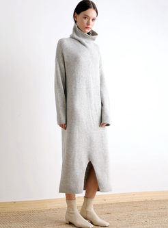 Solid Color Turtleneck Slit Sweater Dress