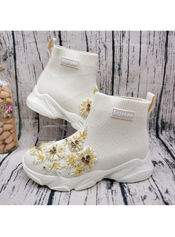 White Embroidered Wedge Short Boots