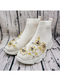 White Embroidered Wedge Short Boots