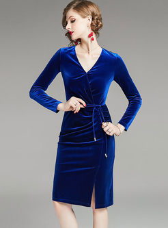 V-neck Long Sleeve Drawcord Bodycon Dress