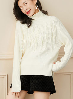 Turtleneck Pullover Slit Fringed Sweater