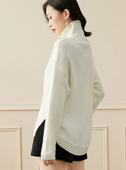 Turtleneck Pullover Slit Fringed Sweater