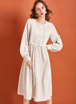 Solid Color Long Sleeve A Line Dress