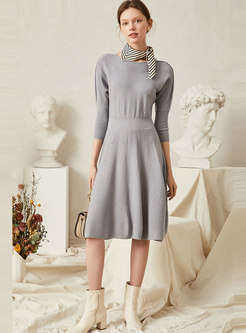 Crew Neck Solid Color Waist Sweater Dress