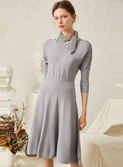 Crew Neck Solid Color Waist Sweater Dress