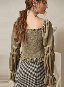 Solid Color Square Collar Lantern Sleeve Pleated T-shirt 