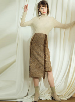 High Waisted Woollen Fringed Asymmetry Skirt