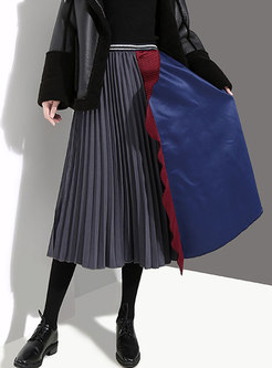 Elastic Waisted Pleated Patchwork Color-blocked Skirt