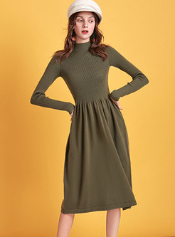 Solid Color Mock Neck Waist Sweater Dress