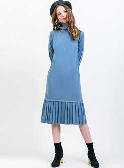 Turtleneck Patchwork Pleated Straight Sweater Dress
