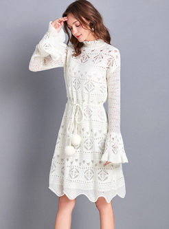 White Mock Neck Openwork Sweater Dress