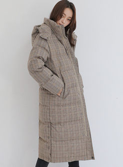 Hooded Long Sleeve Plaid Puffer Coat