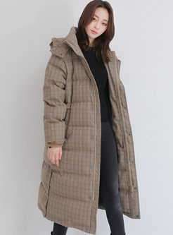 Hooded Long Sleeve Plaid Puffer Coat