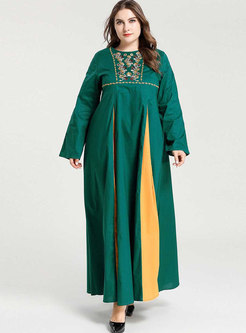Plus Size Embroidered Color-blocked High Waisted Maxi Dress