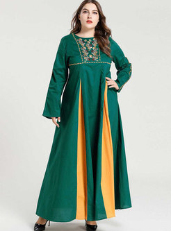 Plus Size Embroidered Color-blocked High Waisted Maxi Dress