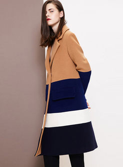 Color-blocked Notched Loose Wool Coat