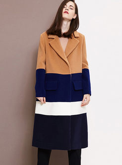 Color-blocked Notched Loose Wool Coat