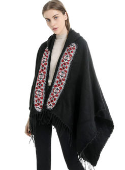 Embroidered Faux Cashmere Fringed Scarf