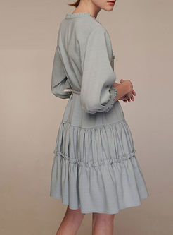 Vintage V-neck Single-breasted A Line Dress With Belt