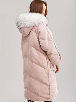 Hooded Corduroy Down Coat With Fur Collar