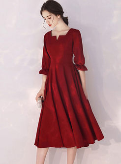 Red Square Neck A Line Cocktail Dress