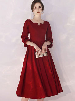 Red Square Neck A Line Cocktail Dress