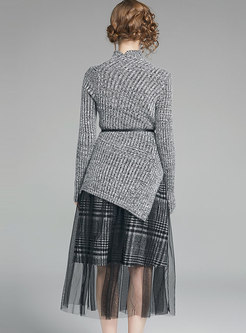 Turtleneck Sweater Waist Mesh Suit Dress