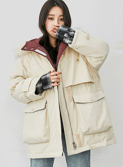 Solid Color Hooded Orolay Coat With Drawcord
