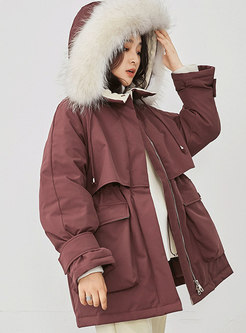 Solid Color Hooded Orolay Coat With Drawcord
