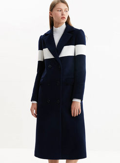 Notched Color-blocked Loose Long Peacoat