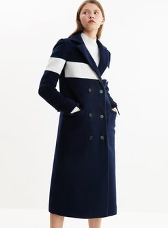 Notched Color-blocked Loose Long Peacoat
