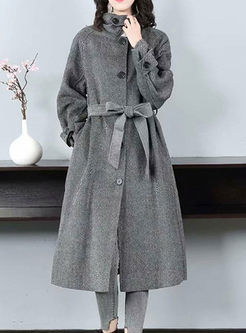 Grey Turtleneck A Line Long Wool Coat