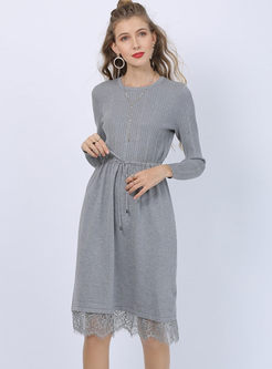 Long Sleeve Drawcord A Line Sweater Dress