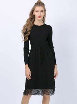 Long Sleeve Drawcord A Line Sweater Dress