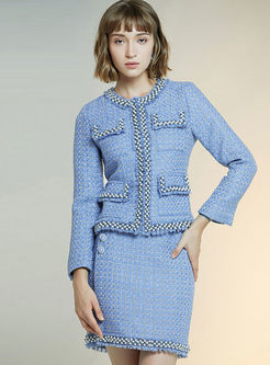 Blue Tweed Plaid Bodycon Suit Dress