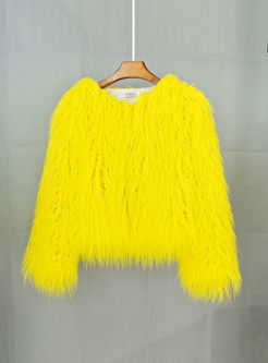 Yellow Crew Neck Short Faux Fur Coat