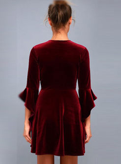 V-neck Flare Sleeve Velvet Mini Dress