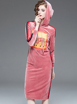 Color-blocked Print Hooded Bodycon Sweatshirt Dress