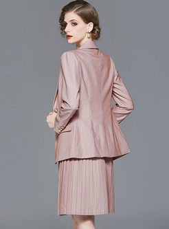 Pink Notched Slim Pleated Suit Dress