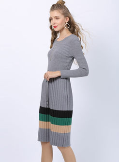 Color-blocked Long Sleeve A Line Sweater Dress