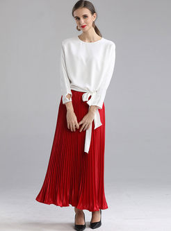 Crew Neck Pullover Pleated Suit Dress